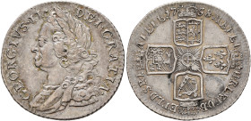 BRITISH, Hanover. George II, 1727-1760. Shilling 1758 (Silver, 26 mm, 6.00 g, 6 h). GEORGIVS II DEI GRATIA Laureate bust of George II to left. Rev. M ...