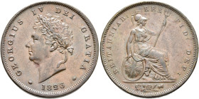 BRITISH, Hanover. George IV, 1820-1830. Penny 1826 (Bronze, 33 mm, 19.00 g, 12 h), London. GEORGIUS IV DEI GRATIA / 1826 Laureate head of George IV to...