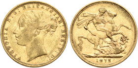 BRITISH, Hanover. Victoria, 1837-1901. Sovereign 1872 (Gold, 22 mm, 7.98 g, 6 h), London. VICTORIA D G BRITANNIAR REG F D Bare head of Victoria to lef...