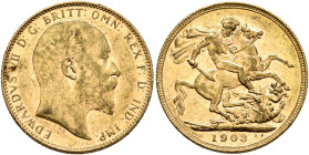 BRITISH, Saxe-Coburg-Gotha. Edward VII, 1901-1910. Sovereign 1903 (Gold, 22 mm, 7.96 g, 12 h), London. EDWARDVS VII D G BRITT OMN REX F D IND IMP Head...