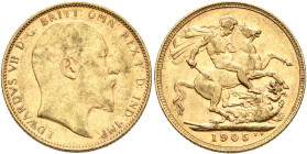 BRITISH, Saxe-Coburg-Gotha. Edward VII, 1901-1910. Sovereign 1905 (Gold, 21 mm, 8.00 g, 12 h), Perth. EDWARDVS VII D G BRITT OMN REX F D IND IMP Head ...