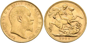 BRITISH, Saxe-Coburg-Gotha. Edward VII, 1901-1910. Sovereign 1909 (Gold, 22 mm, 8.00 g, 12 h), Perth. EDWARDVS VII D G BRITT OMN REX F D IND IMP Head ...