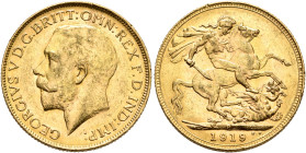 BRITISH, Windsor. George V, 1910-1936. Sovereign 1919 (Gold, 21 mm, 8.00 g, 12 h), Perth. GEORGIVS V D G BRITT OMN REX F D IND IMP Head of George V to...
