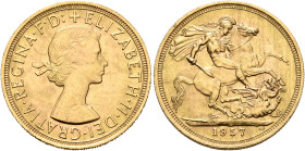 BRITISH, Windsor. Elizabeth II, 1952-2022. Sovereign 1957 (Gold, 22 mm, 8.00 g, 12 h), London. ELIZABETH II DEI GRATIA REGINA F D Laureate bust of Eli...