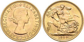 BRITISH, Windsor. Elizabeth II, 1952-2022. Sovereign 1959 (Gold, 20 mm, 8.00 g, 12 h), London. ELIZABETH II DEI GRATIA REGINA F D Laureate bust of Eli...