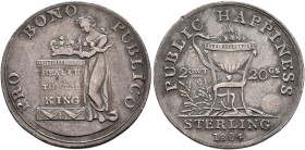 BRITISH, Ireland. George III, 1760-1820. Shilling 1804 (Silver, 24 mm, 4.43 g, 12 h), Dublin, anonymous token. PRO BONO PUBLICO Hibernia places crown ...