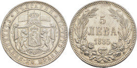 BULGARIA. Principality. Aleksandar of Battenberg, 1879-1886. 5 Leva 1885 (Silver, 37 mm, 24.96 g, 6 h). Crowned arms. Rev. Denomination and date in th...