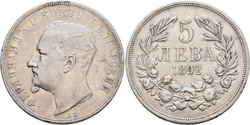 BULGARIA. Principality. Ferdinand I, 1887-1908. 5 Leva 1892 (Silver, 37 mm, 24.9...