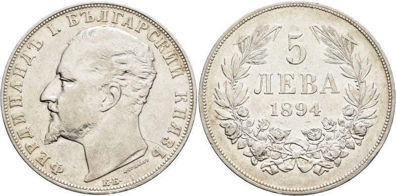 BULGARIA. Principality. Ferdinand I, 1887-1908. 5 Leva 1894 (Silver, 37 mm, 24.9...