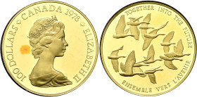 CANADA. Elizabeth II, 1952-2022. 100 Dollars 1978 (Gold, 26 mm, 16.95 g, 12 h), Canadian Unification. 100 DOLLARS(maple leaf)CANADA(maple leaf)ELIZABE...