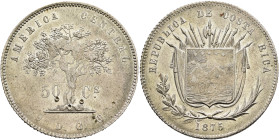 CENTRAL AMERICAN REPUBLIC. 50 Centavos 1875 (Silver, 33 mm, 12.69 g, 6 h), Costa Rica. AMERICA CENTRAL Tree between value 50-Cs. Rev. REPUBLICA DE COS...
