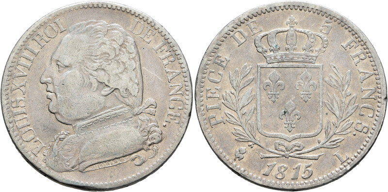 FRANCE, Royal (Restored). Louis XVIII, 1814-1824. 5 Francs 1815 (Silver, 37 mm, ...