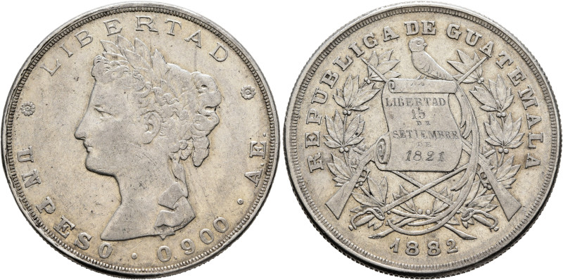 GUATEMALA. Republic. 1839-present. Peso 1882 (Silver, 37 mm, 24.84 g, 7 h), Nuev...