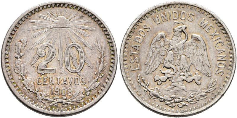 MEXICO, Republic (Second). 1867-present. 20 Centavos 1908 (Silver, 22 mm, 4.92 g...