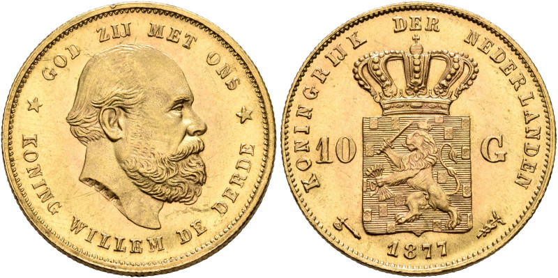 NETHERLANDS. William III, 1849-1890. 10 Gulden 1877 (Gold, 22 mm, 6.73 g, 6 h), ...