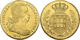 PORTUGAL, Kingdom. João VI o Clemente (the Clement), 1816-1826. Peça 1823 (Gold, 31 mm, 14.32 g, 12 h), Lisbon. JOHANNES VI D G PORT BRASIL ET ALG REX...