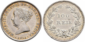 PORTUGAL, Kingdom. Maria II a Educadora (the Educator), 1834-1853. 100 Reis 1853 (Silver, 19 mm, 3.00 g, 6 h). MARIA II PORTUG ET ALGARB REGINA Diadem...