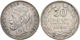 ROMANIA, Kingdom. Carol I, 1881-1914. 50 Bani 1884 (Silver, 13 mm, 2.45 g, 6 h), Bucharest. CAROL I REGE AL ROMANIEI Head of Carol I left, KULLRICH be...