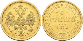 RUSSIA, Tsars of Russia. Aleksandr II Nikolaevich, 1855-1881. 5 Roubles 1872 (Gold, 22 mm, 6.54 g, 12 h), St. Petersburg. Crowned double eagle, H-I be...