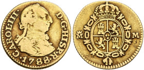 SPAIN, Reino de España. Carlos III, 1759-1788. 1/2 Escudo 1788 (Gold, 14 mm, 1.65 g, 12 h), Madrid. CAROL III D G HISP R Bust of Carlos III to right. ...