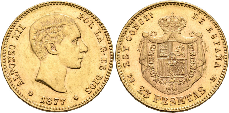 SPAIN, Reino de España. Alfonso XII, 1874-1885. 25 Pesetas 1877 (Gold, 24 mm, 8....