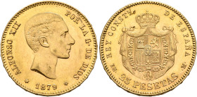 SPAIN, Reino de España. Alfonso XII, 1874-1885. 25 Pesetas 1879 (Gold, 23 mm, 8.08 g, 6 h). ALFONSO XII POR LA G DE DIOS Head of Alfonso XII to right,...