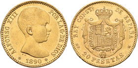 SPAIN, Reino de España. Alfonso XIII, 1886-1931. 20 Pesetas 1890 (Gold, 21 mm, 6.45 g, 6 h). ALFONSO XIII POR LA G DE DIOS Head of Alfonso XIII to rig...