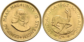 SOUTH AFRICA. Zuid-Afrikaansche Republiek (South African Republic). 1960-Present. 2 Rand 1967 (Gold, 22 mm, 8.00 g, 12 h), Pretoria. EENDRAG MAAK MAG ...