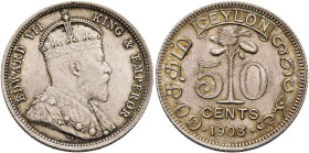 SRI LANKA (CEYLON), Colonial. Edward VII, 1901-1911. 50 Cents 1903 (Silver, 23 mm, 5.82 g, 12 h). EDWARD VII KING & EMPEROR Crowned bust of Edward VII...