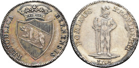 SWITZERLAND. Bern. Stadt. Taler 1795 (Silver, 39 mm, 29.40 g, 6 h). RES PUBLICA BERNENSIS Crowned coat of arms. Rev. DOMINUS PROVIDEBIT / 1795 Soldier...