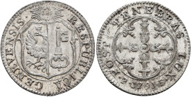 SWITZERLAND. Genf (Geneva). Stadt. 3 Sols 1791 (Billon, 21 mm, 2.00 g, 6 h). RESPUBLICA GENEVENSIS Coat of arms. Rev. POST TENEBRAS LUX / P 1791 B Cro...