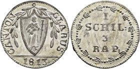 SWITZERLAND. Glarus. Schilling 1813 (Silver, 19 mm, 1.14 g, 12 h). CANTON - GLARUS / 1813 Coat of arms. Rev. 1 / SCHIL: / 3 RAP: within wreath. HMZ 2-...