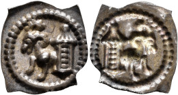 SWITZERLAND. Schaffhausen. 14th century. Vierzipfliger Pfennig (Silver, 15 mm, 0.36 g). Ram jumping left out of a tower, all within pearl ring. Rev. I...