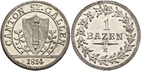 SWITZERLAND. St. Gallen, Kanton. Batzen 1814 (Silver, 24 mm, 2.75 g, 6 h). CANTON ST. GALLEN / 1814 Coat of arms. Rev. BATZEN / K within wreath. HMZ 2...