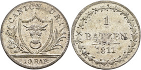 SWITZERLAND. Uri. Kanton. 1 Batzen 1811 (Silver, 23 mm, 2.58 g, 6 h), Bern. CANTON URI / 10.RAP Bull's head in shield between laurel branches. Rev. 1 ...