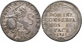 SWITZERLAND. Zürich. Stadt. Halbtaler 1715 (Silver, 32 mm, 13.92 g, 12 h). MONETA REIPUBLIC AE TIGURIN AE Lion rampant to left, holding sword in his r...