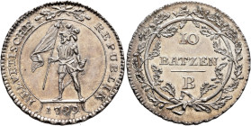 SWITZERLAND. Helvetische Republik. 1798-1803. 10 Batzen 1799 (Silver, 29 mm, 7.60 g, 6 h), Bern. HELVETISCHE REPUBLIK / 1799 Soldier standing left, ho...
