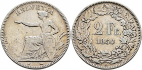 SWITZERLAND. Schweizerische Eidgenossenschaft (Swiss Confederation). 1848-present. 2 Franken 1850 A (Silver, 27 mm, 9.87 g, 12 h). HELVETIA Helvetia s...