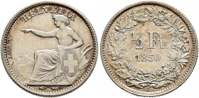 SWITZERLAND. Schweizerische Eidgenossenschaft (Swiss Confederation). 1848-present. 1/2 Franken 1850 A (Silver, 18 mm, 2.54 g, 12 h). HELVETIA Helvetia...