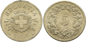 SWITZERLAND. Schweizerische Eidgenossenschaft (Swiss Confederation). 1848-present. 5 Rappen 1850 BB (Billon, 17 mm, 1.64 g, 12 h). HELVETIA / 1850 Swi...