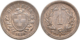 SWITZERLAND. Schweizerische Eidgenossenschaft (Swiss Confederation). 1848-present. 1 Rappen 1850 A (Copper, 16 mm, 1.54 g, 12 h). HELVETIA / 1850 Swis...