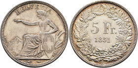 SWITZERLAND. Schweizerische Eidgenossenschaft (Swiss Confederation). 1848-present. 5 Franken 1851 A (Silver, 37 mm, 25.06 g, 12 h). HELVETIA Helvetia ...