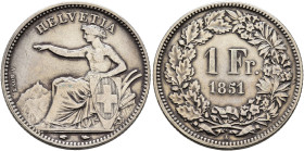 SWITZERLAND. Schweizerische Eidgenossenschaft (Swiss Confederation). 1848-present. 1 Franken 1851 A (Silver, 23 mm, 5.00 g, 12 h). HELVETIA Helvetia s...