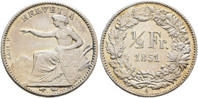 SWITZERLAND. Schweizerische Eidgenossenschaft (Swiss Confederation). 1848-present. 1/2 Franken 1851 A (Silver, 18 mm, 2.50 g, 12 h). HELVETIA Helvetia...
