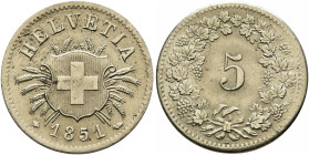 SWITZERLAND. Schweizerische Eidgenossenschaft (Swiss Confederation). 1848-present. 5 Rappen 1851 BB (Billon, 17 mm, 1.70 g, 12 h). HELVETIA / 1851 Swi...