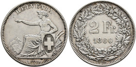 SWITZERLAND. Schweizerische Eidgenossenschaft (Swiss Confederation). 1848-present. 2 Franken 1860 B (Silver, 27 mm, 10.00 g, 6 h). HELVETIA Helvetia s...
