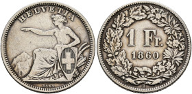 SWITZERLAND. Schweizerische Eidgenossenschaft (Swiss Confederation). 1848-present. 1 Franken 1860 B (Silver, 23 mm, 4.89 g, 6 h). HELVETIA Helvetia se...