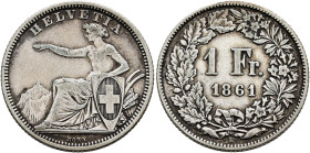 SWITZERLAND. Schweizerische Eidgenossenschaft (Swiss Confederation). 1848-present. 1 Franken 1861 B (Silver, 23 mm, 5.03 g, 6 h). HELVETIA Helvetia se...