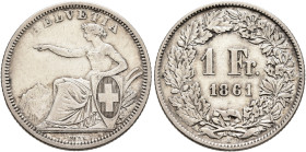 SWITZERLAND. Schweizerische Eidgenossenschaft (Swiss Confederation). 1848-present. 1 Franken 1861 B (Silver, 23 mm, 4.95 g, 6 h), Bern. HELVETIA Helve...