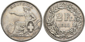 SWITZERLAND. Schweizerische Eidgenossenschaft (Swiss Confederation). 1848-present. 2 Franken 1862 B (Silver, 27 mm, 9.95 g, 6 h). HELVETIA Helvetia se...